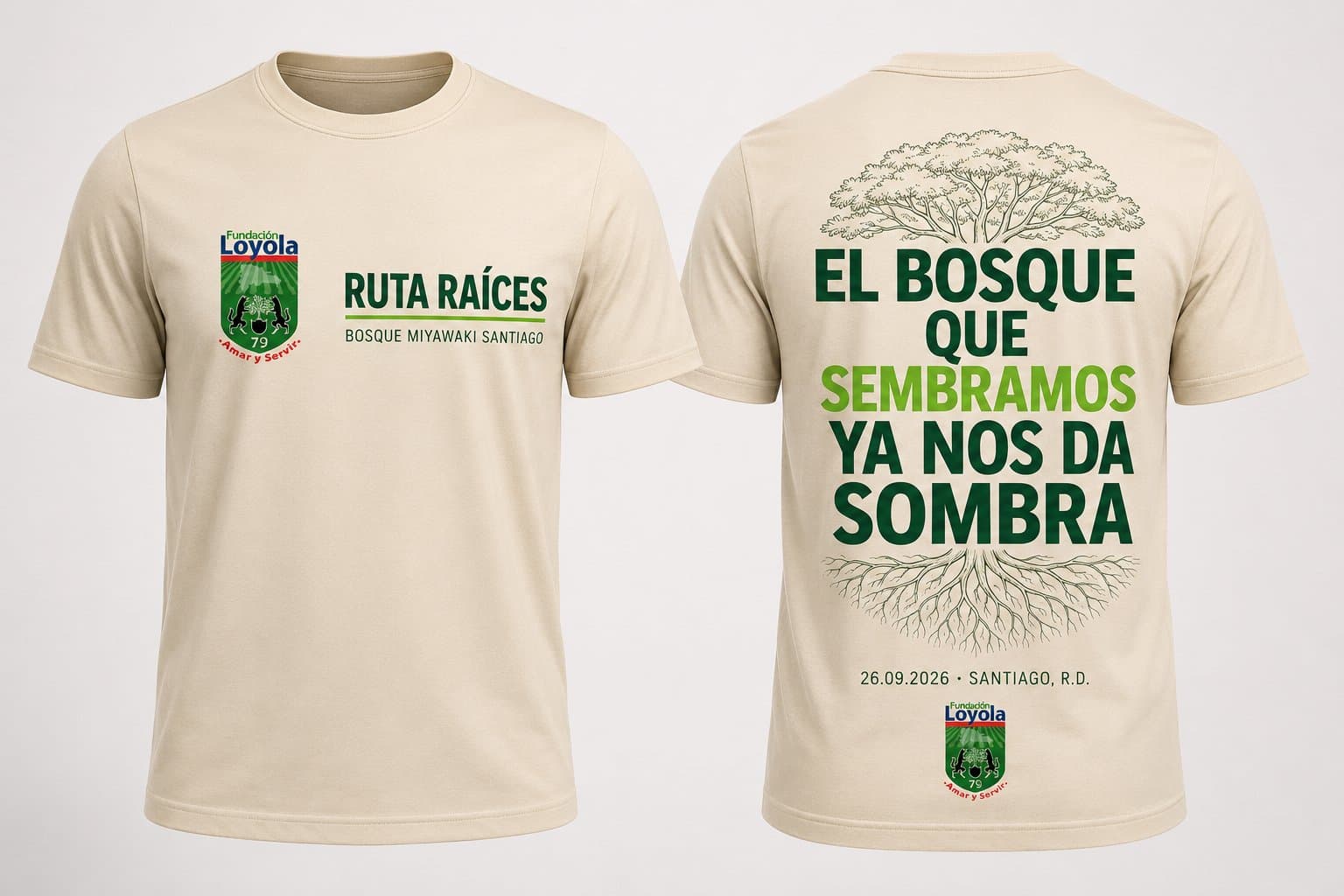 Camiseta oficial Ruta Raíces: frente con el escudo y el logo del evento, espalda con el lema El bosque que sembramos ya nos da sombra